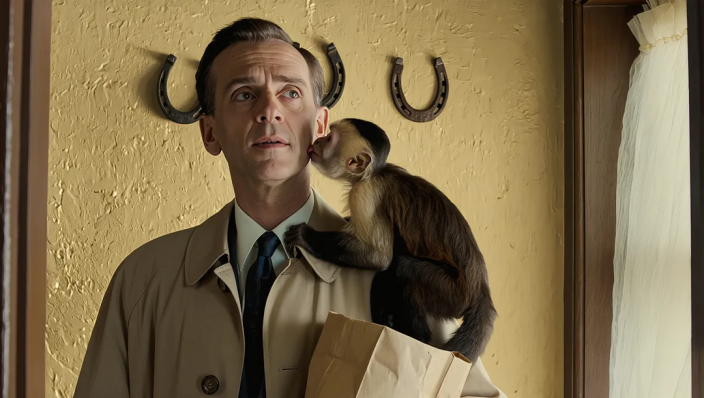 Man with a monkey against a yellow wall